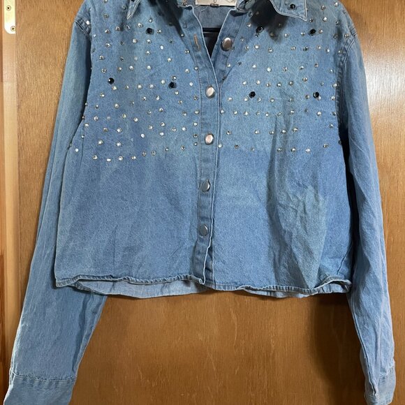 NWOT Jean Jacket Gems on the front W/ Button Down Front  Womens Large - Picture 11 of 12